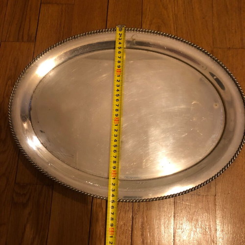 Oval silver-plated tray used with engraved monograms