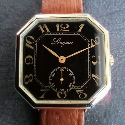 Vintage Longines Octagon watch from the 1970s like new, gold and black