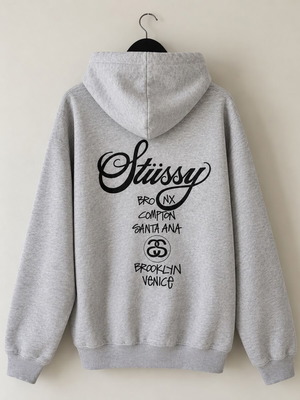 Stüssy World Tour φούτερ με κουκούλα σε μελανζέ χρώμα, μέγεθος L