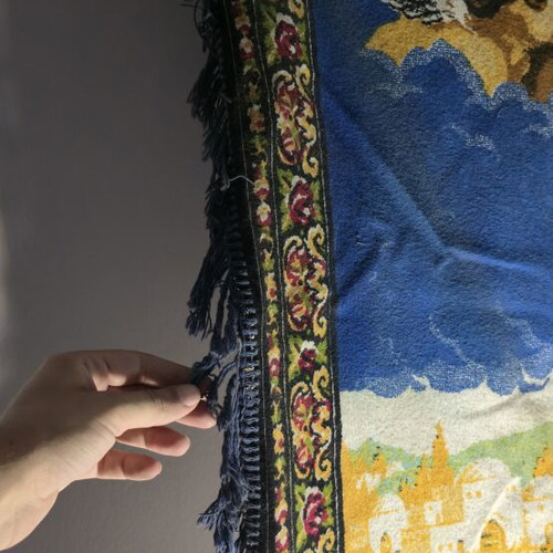 Vintage woven wall tapestry depicting Jesus with angels, like new