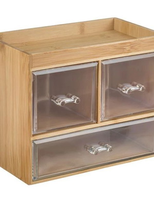 Bamboo organizer with 3 clear acrylic drawers and shelf 24x14x20cm new