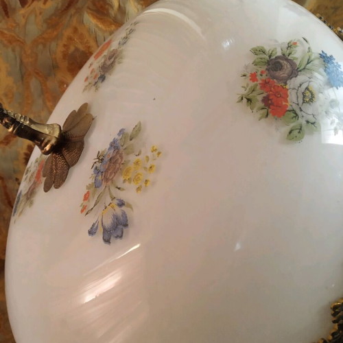 Opaline ceiling light used, three-light brass from 1960