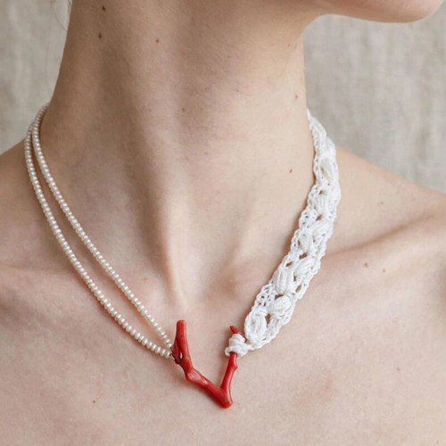 Handmade necklace with coral and pearl, cotton thread, silver clasp