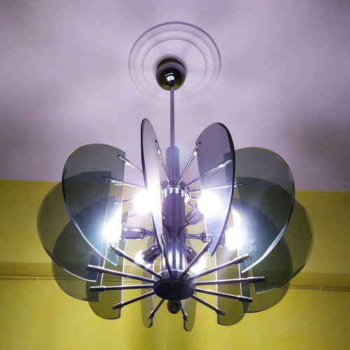 Inox ceiling chandeliers with glass, 6 lights, used