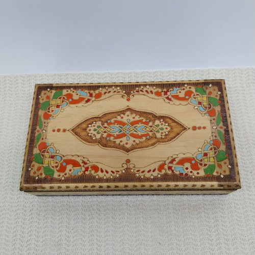 Wooden cigarette box, vintage Bulgarian pyrography and painted