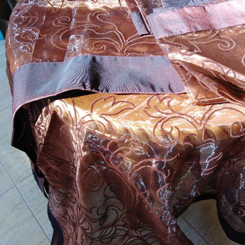 Tablecloth set of five pieces iridescent dark brown, silk organza with embossed flowers and border