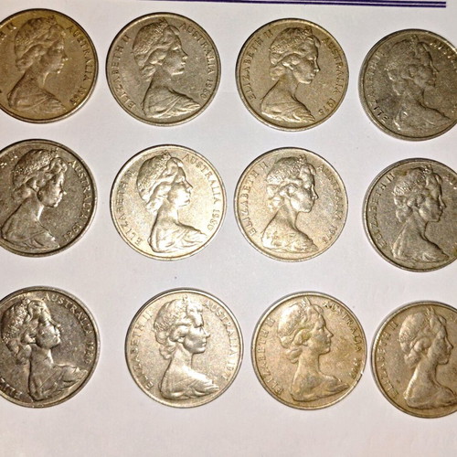 Australia 20 Cents coin used, pack of 12 pieces 1966-1981