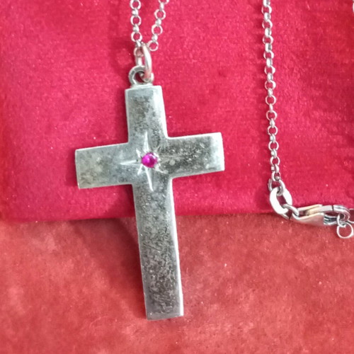 Silver cross necklace 925 with synthetic ruby used, old Russian