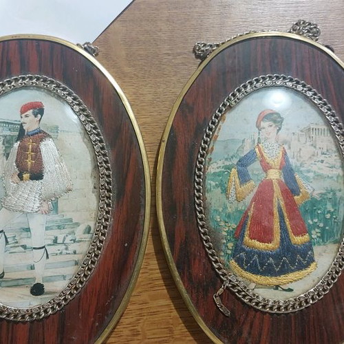 Old lithograph frames with embroidery, pack Evzones and Amalia