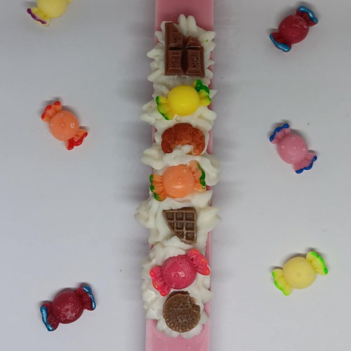 Handmade pink flat candle 21 cm with Bubble Gum scent