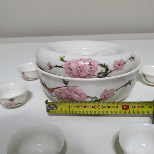 Jingdezhen porcelain Chinese tea set used, 11 pieces with case