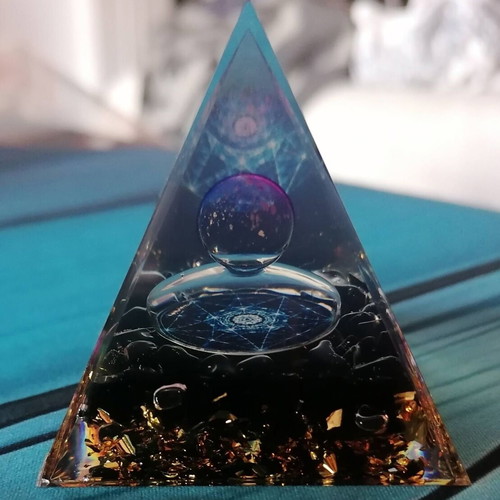 Orgonite pyramid with obsidian and gold leaves new