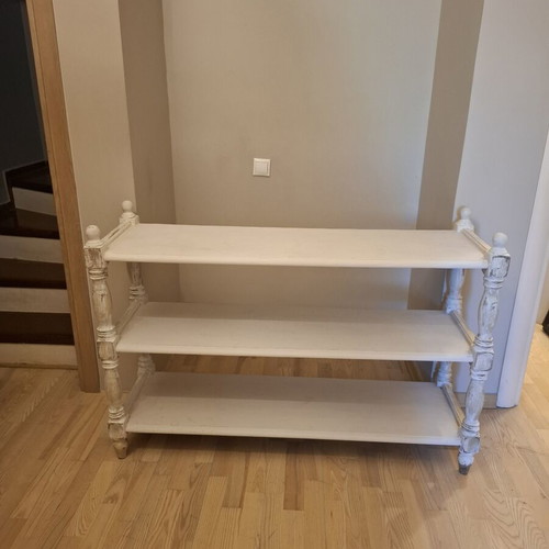 Wooden shelf with white patina used, 3 shelves, 128x40x90 cm