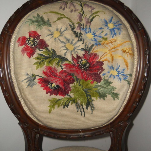 Pair of embroidered carved chairs used, vintage