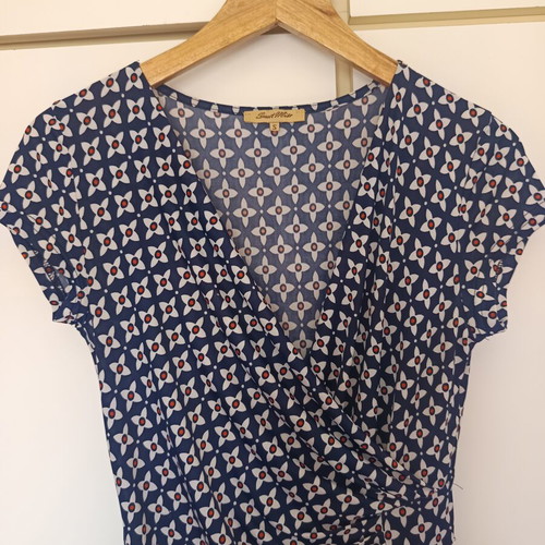 Navy Blue Geometric Print V-Neck Faux Wrap Dress like new