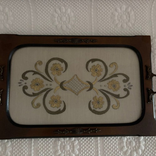 Wooden serving tray with embroidery like new