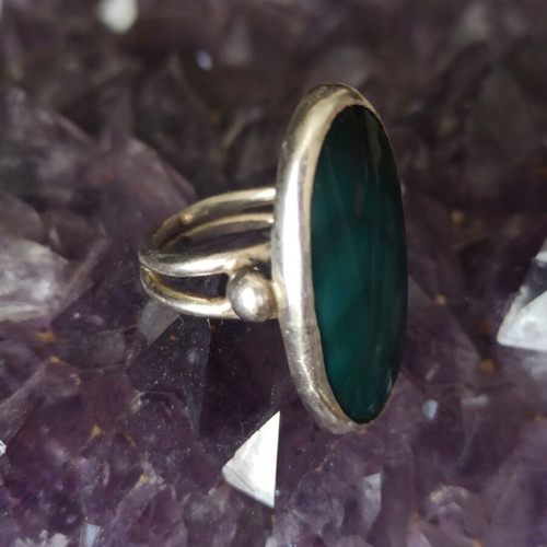 Handmade Silver 950 Ring with Large Oval Malachite Like New