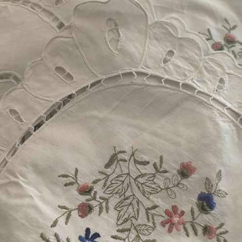 Cotton Tablecloth with Hand and Cut Embroidery, New, 105x100 cm
