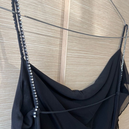 Black asymmetrical Lynne dress like new with rhinestones on straps