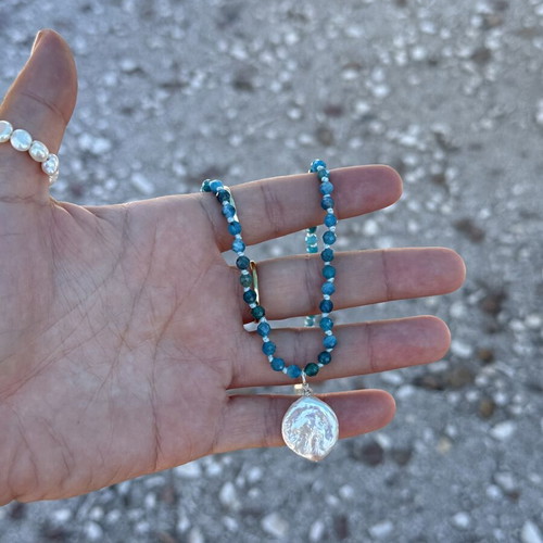 Apatite Necklace with Baroque Pearl and Silver 925 Like New