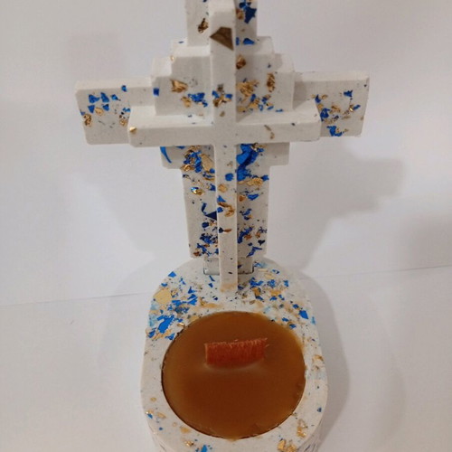 Handmade porcelain cross candle holder with pure beeswax and decorative leaves