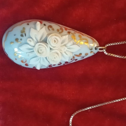 Cameo 925 necklace vintage porcelain with carving and silver chain 40cm like new