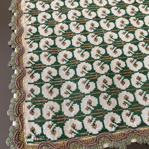 Pair of vintage handmade embroidered table runners with geometric pattern