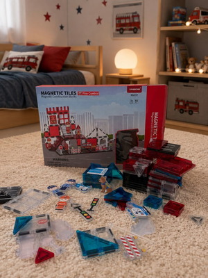 Magnetic Tiles Fire Station and Police Station Set 96 Pieces like new