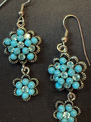 Statement earrings with turquoise flowers and crystals like new