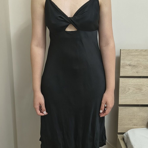 Black satin midi dress with cut-out like new