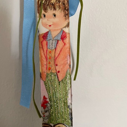 Candle with boy painted with acrylic colors and decoupage new