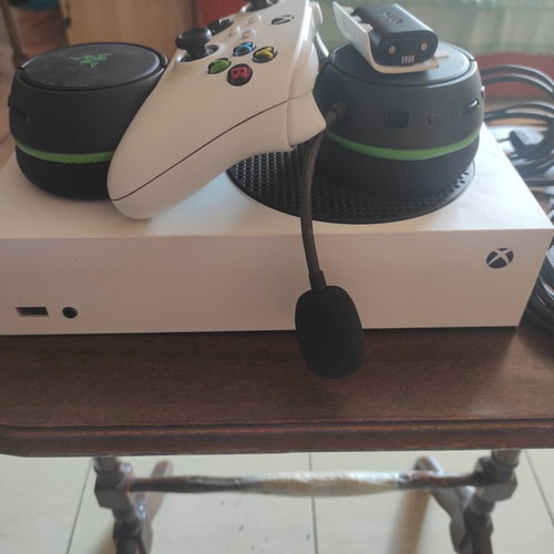 Xbox Series S console with controller, rechargeable battery pack and Razer Kaira wireless headset