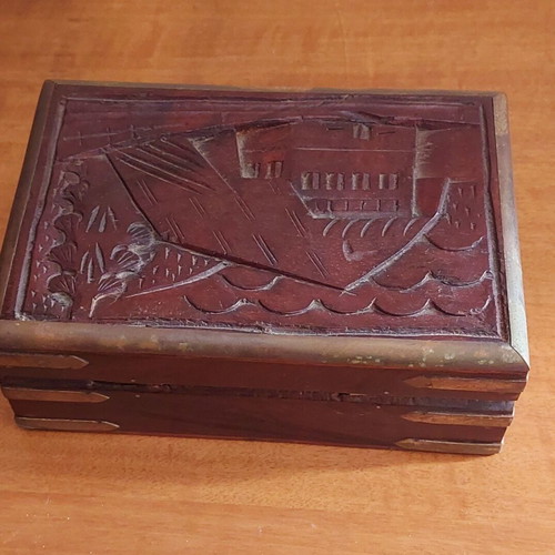 Wooden vintage box used, handmade carved from 1960s