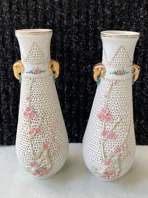 Vintage Chinese Porcelain Vases Pair with Embossed Flowers 22 cm