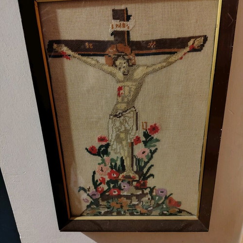 Crucifixion embroidery set of 3 like new, framed