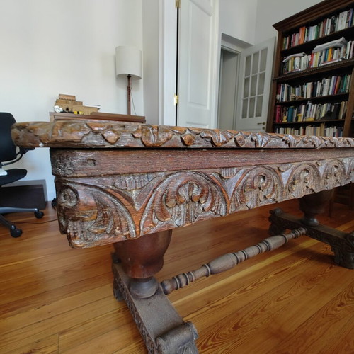 Solid Large Wooden Dining Table with Two Chairs used