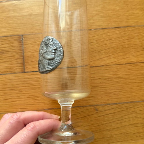 Drink glass with coin like new, collectible crystal stemmed