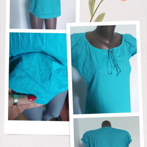 Amisu turquoise cotton tunic blouse with puff sleeves
