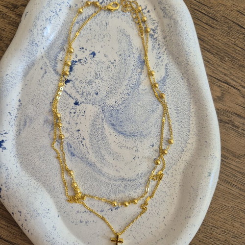 Gold double rosary-style necklace with cross, stainless steel