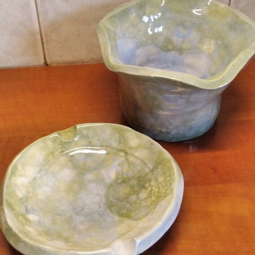 Ceramic chocolate pot and ashtray like new, handmade, blue and green