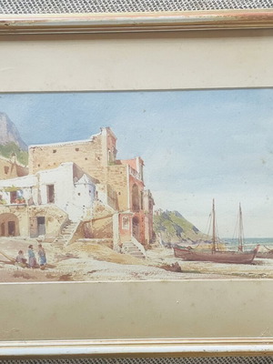 Watercolor painting used with frame, original Greek scene