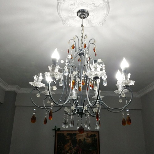 Φωτιστικό οροφής οκταφωτο καινούργιο με ασημί χρώμα και κρύσταλλα