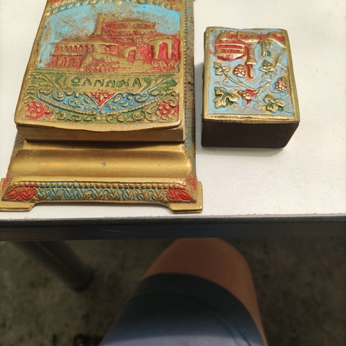 Bronze Notebook and Matchbox Holder set painted, like new