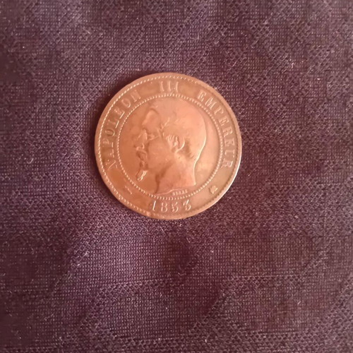 French 10 Centimes Coin 1853A used, bronze Napoleon III