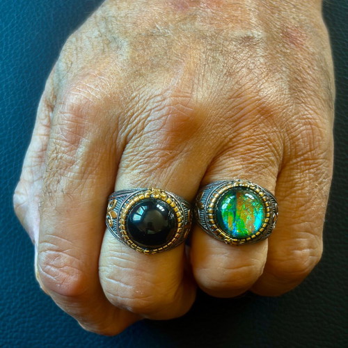 Chameleon Stone Gothic Ring new, stainless steel, green and gold