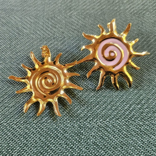 Steel earrings with sun design new, hypoallergenic pink and gold