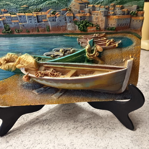 Relief wall decoration with fishing boat and seaside landscape, like new