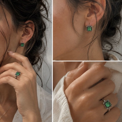 Vintage 925 Silver Ring and Earrings Set with Green Emerald Stones