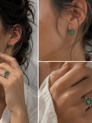Vintage 925 Silver Ring and Earrings Set with Green Emerald Stones