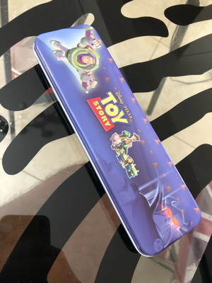 Toy Story school set tin case with pencil, ruler, eraser, sharpener used
